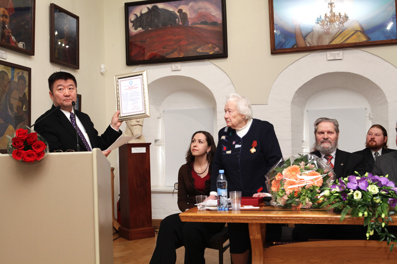 Mr D. Idevkhten, Extraordinary and Plenipotentiary Ambassador of Mongolia in Russia handled to Mrs Luydmila V. Shaposhnikova Diploma Honorary Doctor of the Academy of sciences of Mongolia