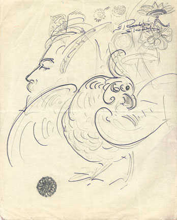 Голова мужчины в профиль. Петух. Цветы. Наброски. 1960-е (?)